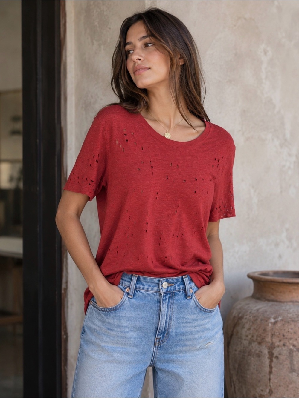 IRO Womens S Short Sleeve Cutout Linen Distressed Tee Shirt in Clay (Red)